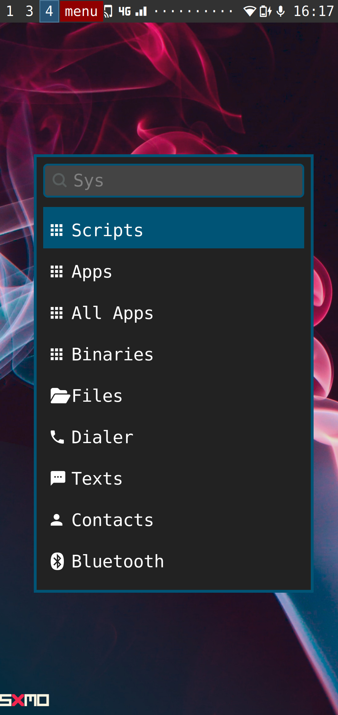 Screenshot of Sxmo&#39;s system menu, which is an overlay made of a search bar followed by multiple menu items with corresponding icons. The items are &quot;Scripts&quot;, &quot;Apps&quot;, &quot;All Apps&quot;, &quot;Binaries&quot;, &quot;Files&quot;, &quot;Dialer&quot;, &quot;Texts&quot;, &quot;Contacts&quot; and &quot;Bluetooth&quot;.